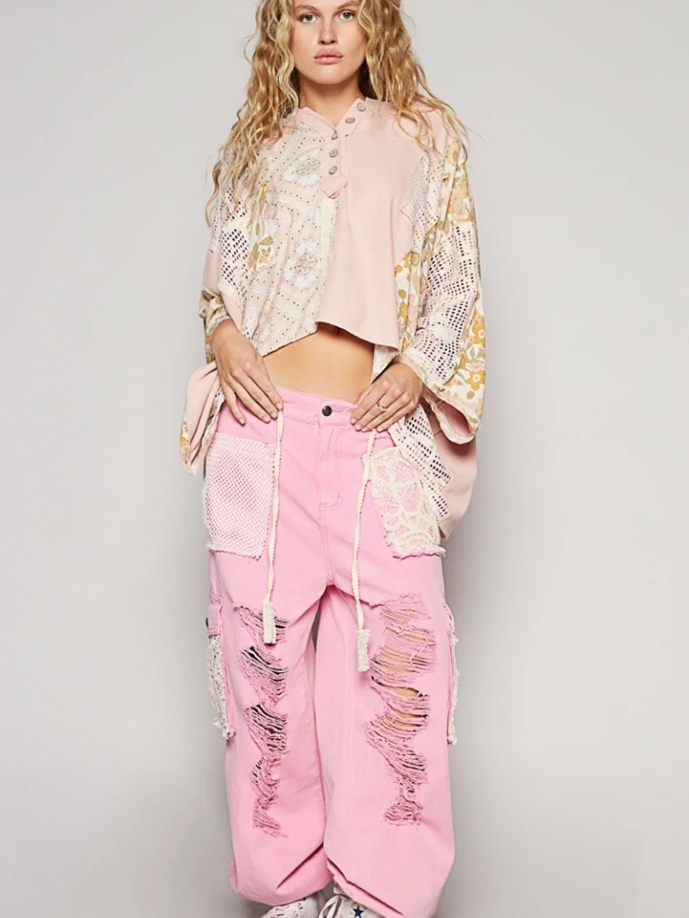 New POL Top Floral Panel Lace Half Placket Button Hoodie Oversized Top Shirt - Picture 5 of 5